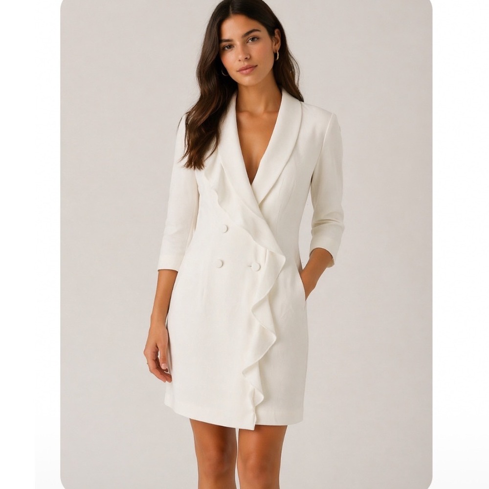 Adrianna Papell Ruffle Double Breasted Blazer TUXEDO Dress WOMEN 12‎ White